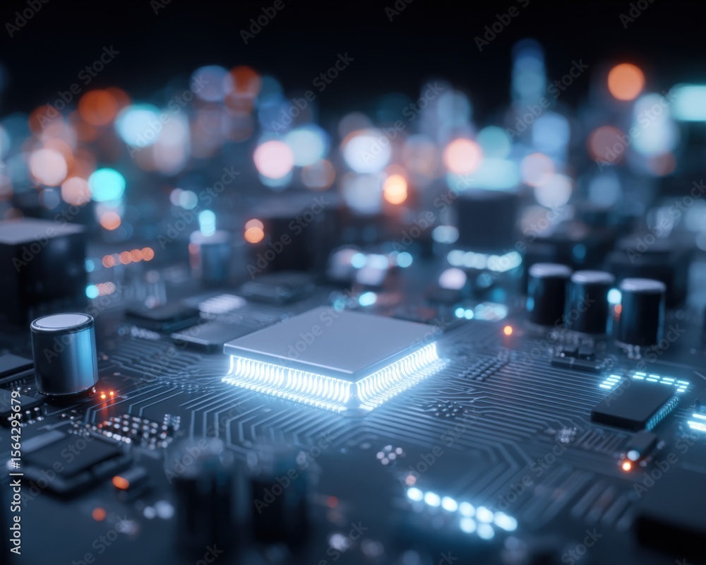 Poster High Resolution Close-Up of a Modern Computer Motherboard with Illuminated Central Processing Unit and Bokeh Effect in Dark Background