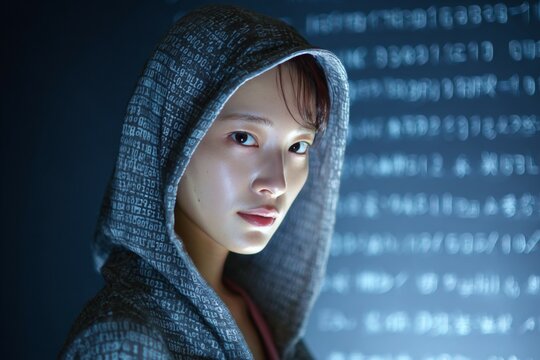 Asian female hacker in hooded jacket with digital code background