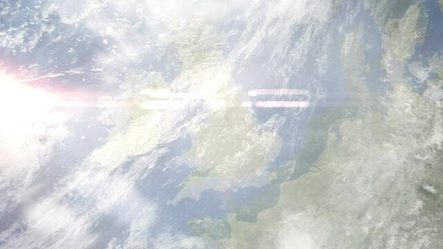 Earth zoom in from space and focus on Macclesfield, England, West Midlands, Great Britain. Background for travel intro or blog. Satellite view. 3D style Animation. Images from NASA.