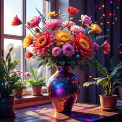  A Vibrant Bouquet of Autumn Flowers in a Cosmic Vase Bathed in Sunlight and Twinkling Lights