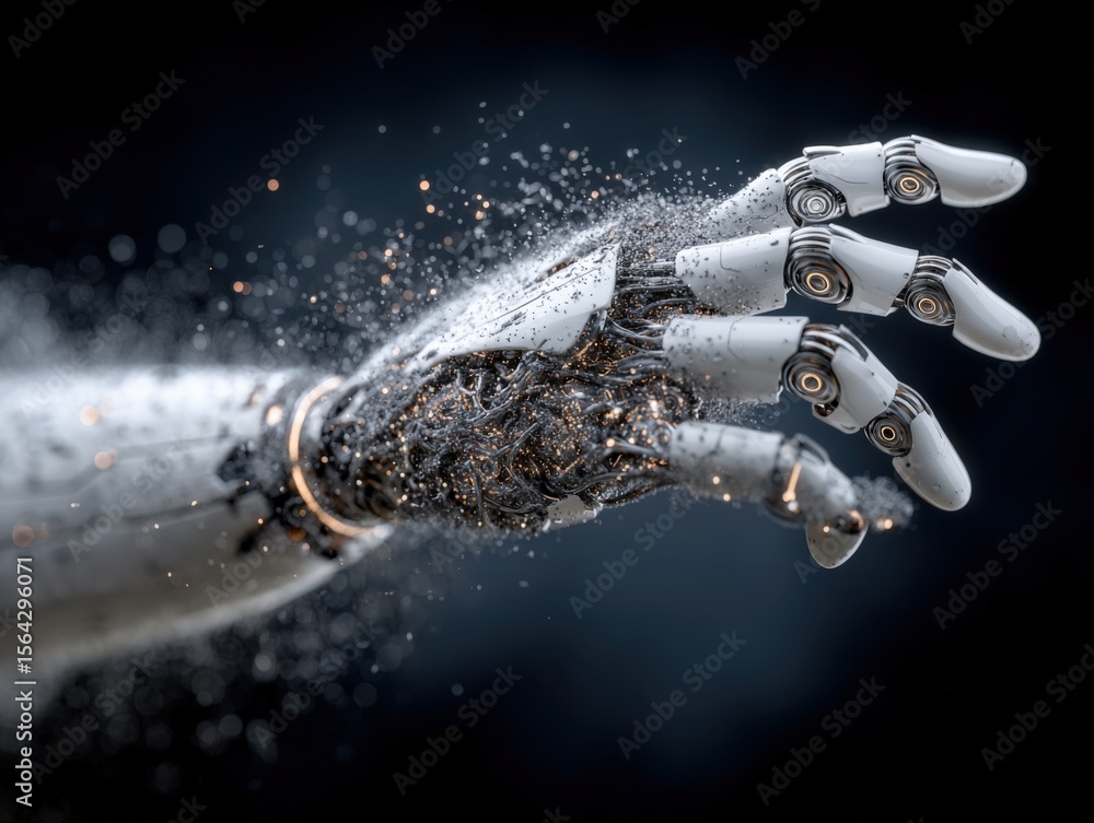 Poster highly detailed robotic hand reaching out with motion and dust particles suspended in dark backgroun