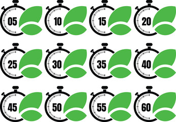 Eco Friendly Stopwatch Vector Icon Set with Green Leaves