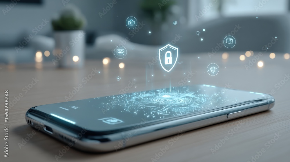 Aufkleber modern smartphone on wooden desk with holographic digital security icons highlighting privacy protec