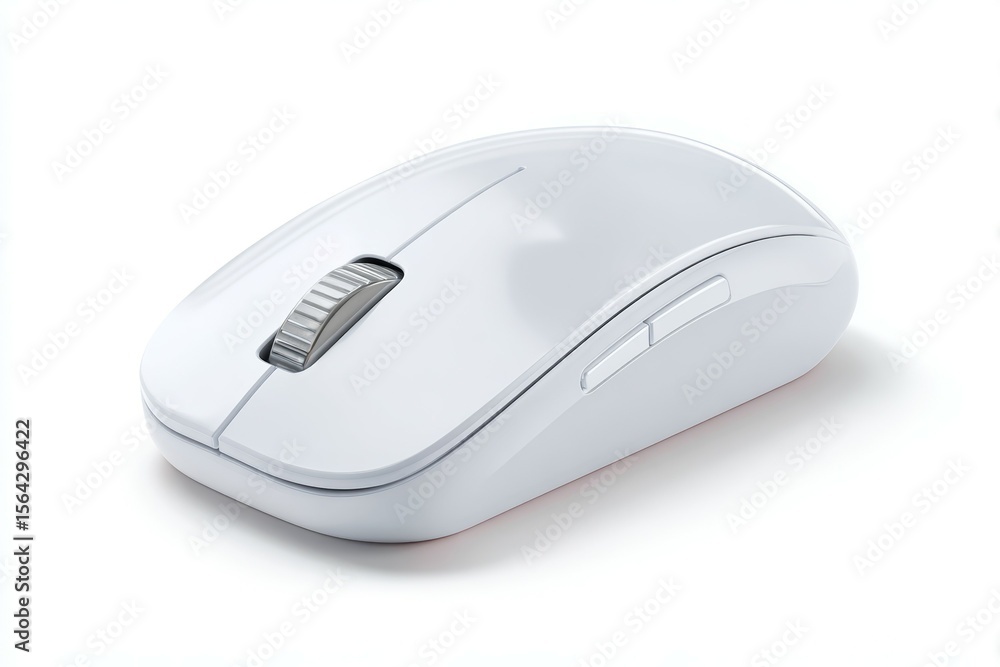 Poster white wireless computer mouse with scroll wheel and side buttons on white background