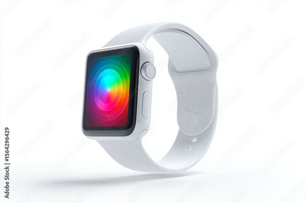 Poster modern smartwatch with colorful display on white background