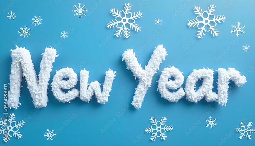 Fototapete the word 'New Year' created using snow-textured font, surrounded by decorative snowflakes on a blue background created with generative ai