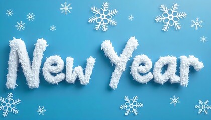 the word 'New Year' created using snow-textured font, surrounded by decorative snowflakes on a blue background created with generative ai