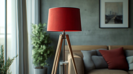An elegant tripod lamp with a red lampshade serves as a decorative centerpiece in a stylish urban apartment.