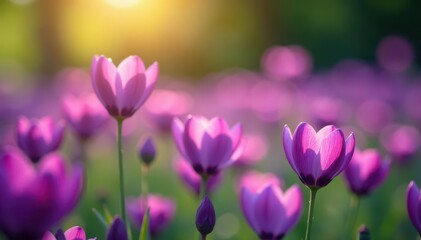 Fototapeta premium A vibrant purple flower field, one bloom in sharp focus , detail, image, floral