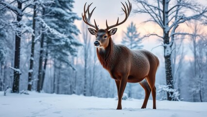 Obraz premium Majestic red deer stag standing in a snow-covered forest clearing