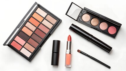 Makeup Essentials: Eyeshadow Palettes, Lipstick, and Mascara on White Background