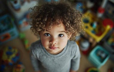 Fototapeta premium Close-up portrait of a mixed-race toddler with curly hair and dark eyes, wearing a grey sweater against a colorful playroom background. 