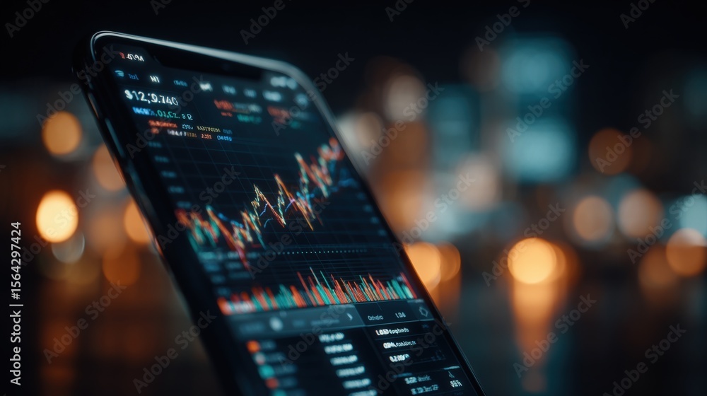 Poster Close-up of a modern smartphone displaying a colorful stock market chart with financial data and graphs at night on a blurred city background
