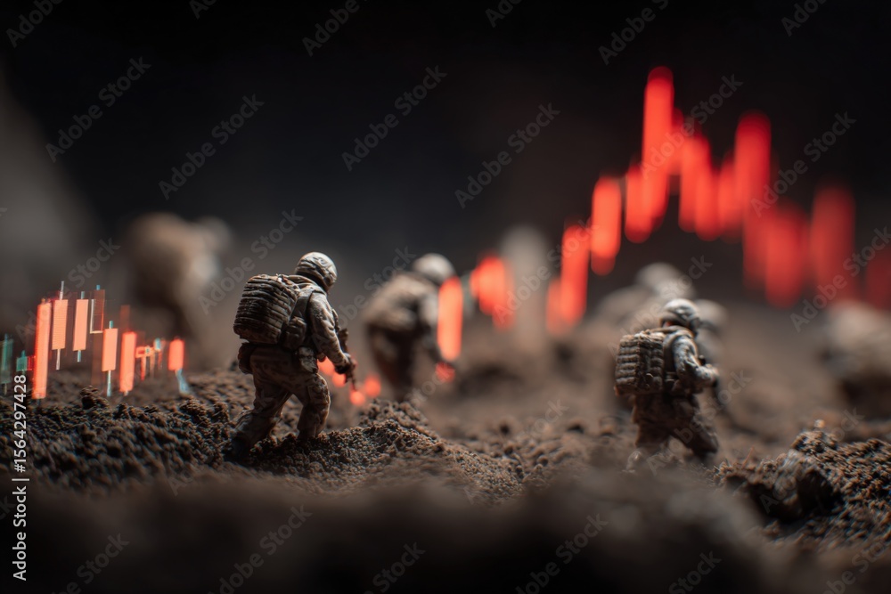 Poster miniature soldiers figurines with backpacks navigating rocky terrain against a background of financi
