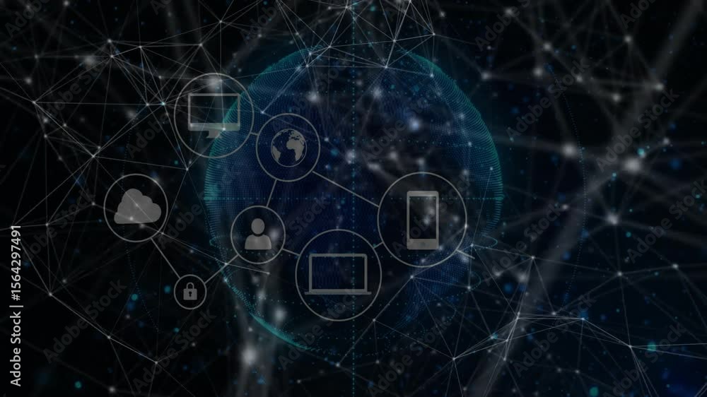 Poster on first pulse 3d sphere pulsing and icons appearing one by one, rotating into digital network