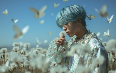  A cinematic photograph of the K-pop idol with blue hair in an ethereal field, surrounded by white butterflies and dandelions. He is holding one of them to his face as he gently blows on it. 