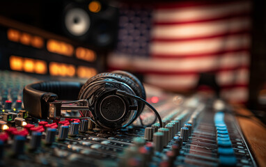 Headphones and a sound desk in a recording studio, with an American flag in the background. Detailed, photographic, realistic, high-resolution image,