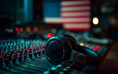 Colorful music studio with headphones and sound board in front of an American flag. 