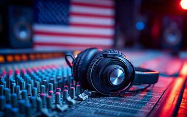 A sound board with headphones and an American flag in the background, representing music production for a hip-hop album.