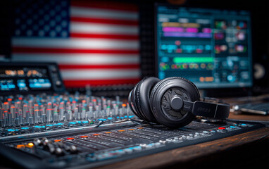 A close-up of headphones and a sound engineer's desk with an American flag in the background, a music studio setting, blurred lights creating bokeh effects,