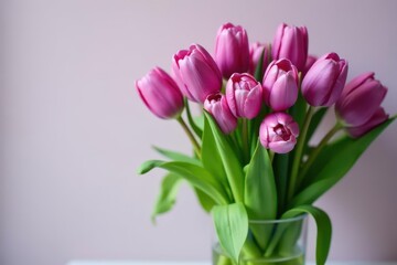 Obraz premium Purple tulips in a vase with lush green foliage, nature, arrangement, home decor