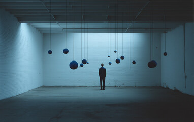 A wide shot of an empty room with blue spheres floating in the air, and a man standing alone looking at them,