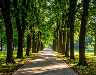 푸른 숲 공원의 나무길 산책로 Peaceful Tree-Lined Path in Green Forest Park