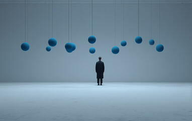 A man stands in the center of an empty room, surrounded by blue balloons floating above his head. The walls and floor are made of concrete with a dark gray color. 