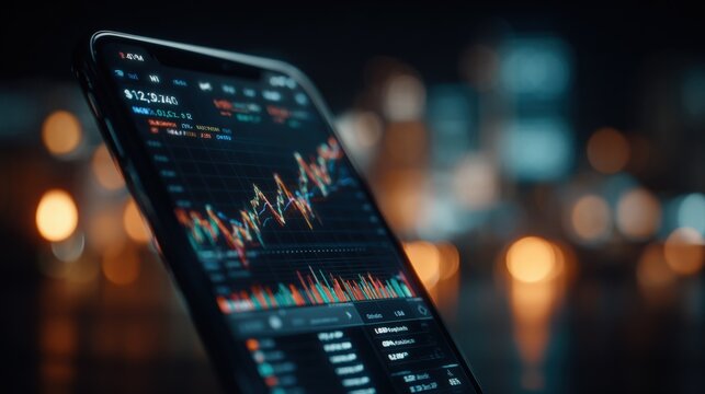 Close-up of a modern smartphone displaying a colorful stock market chart with financial data and graphs at night on a blurred city background
