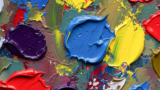 A macro view of bright, unmixed paint dabs and strokes, highlighting the vivid colors and tactile texture of an artist's palette, ideal for creative concepts.