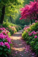 Vibrant azaleas and rhododendrons bloom along a garden path , lush, red