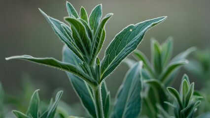 Obraz premium Detailed macro view of verdant plant leaves with visible trichomes, showcasing intricate botanical texture and the beauty of natural flora.