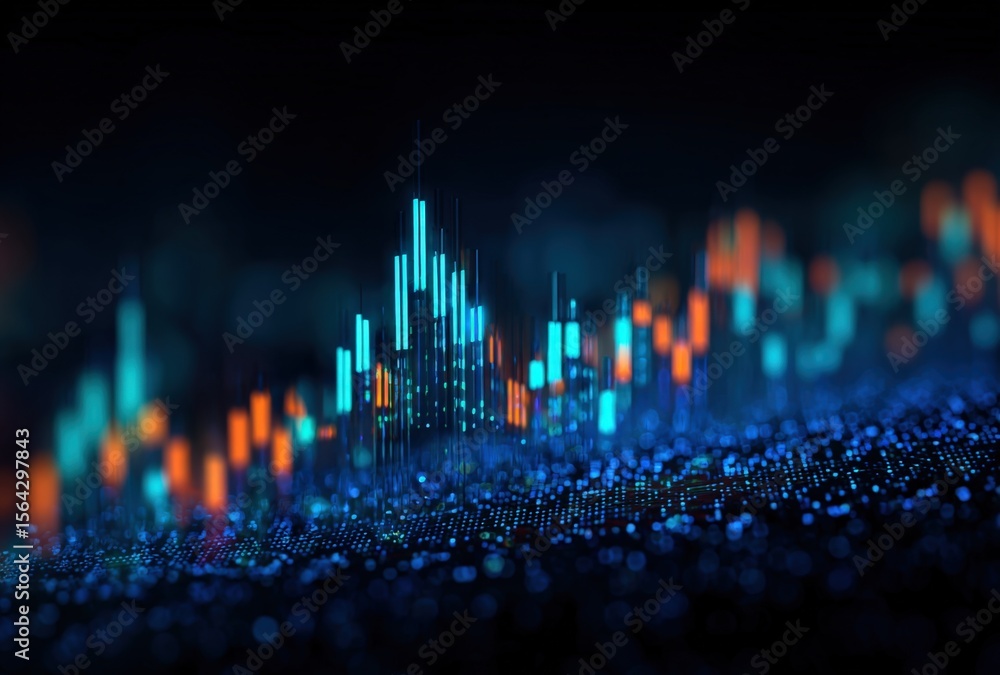 Poster Digital data visualization with glowing blue and orange lines representing financial market analysis and technology trends on dark background