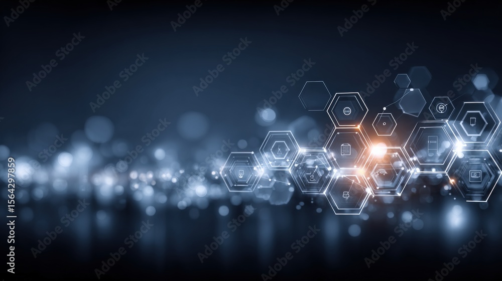 Poster Abstract technology background with glowing hexagons and light effects representing digital connection and futuristic innovation
