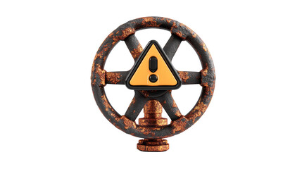 Obraz premium Old rusted industrial valve with warning symbol on transparent backdrop.
