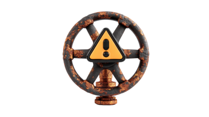 Old rusted industrial valve with warning symbol on transparent backdrop.