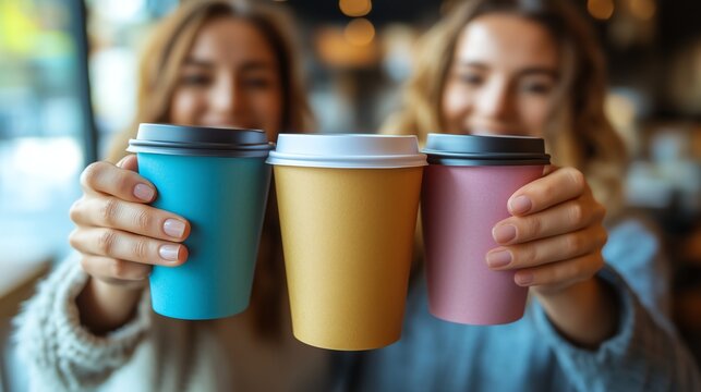 Diverse office workers clinking to-go cups in corporate diversity stock photo