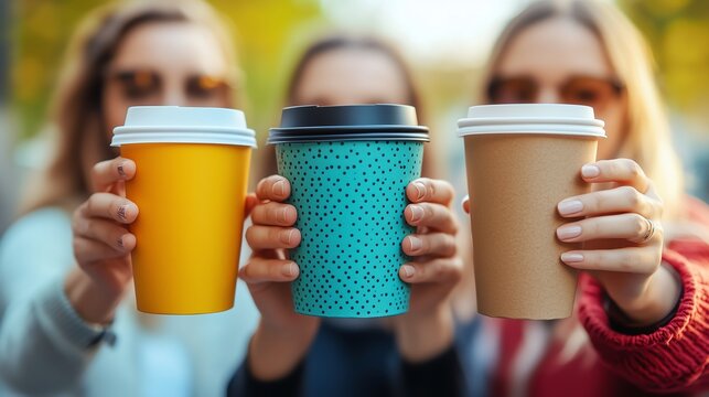 Diverse office workers clinking to-go cups in corporate diversity stock photo