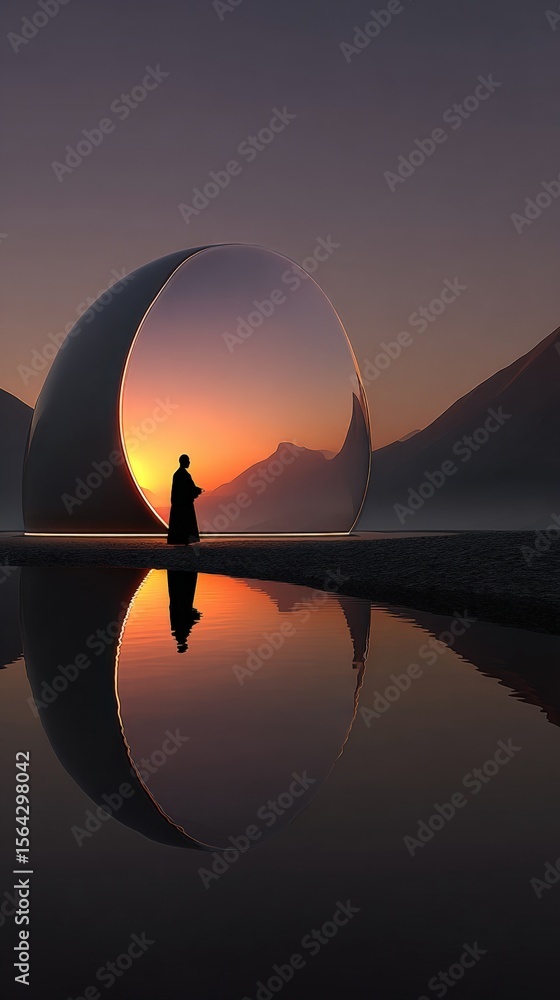 Poster futuristic architectural structure with reflective glass spherical design near water at sunset with 