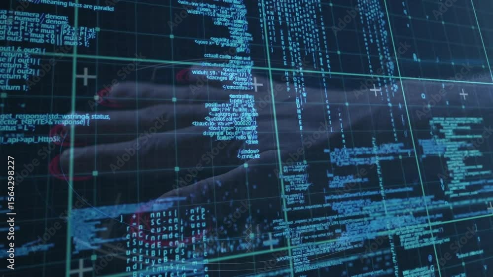 Poster programmer hand entering transparent grid interface and tracing blue code streams for data scanning