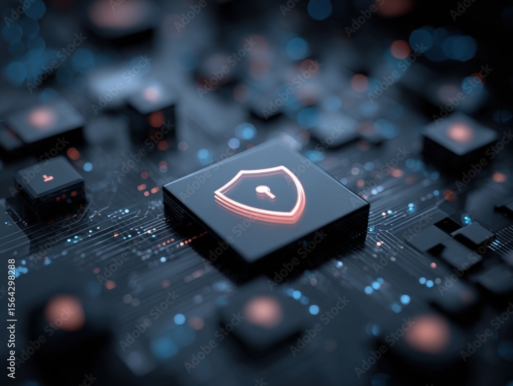 Poster Close-up of a high-tech computer circuit board with a central security shield icon representing digital security and cybersecurity protection