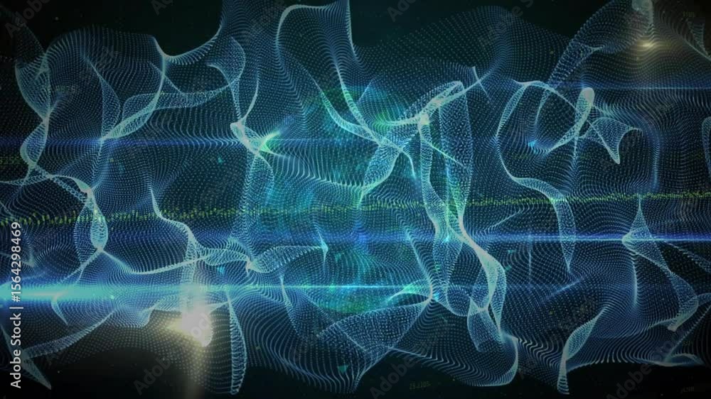 Poster faint glowing points emerging forming undulating mesh while blue bands sweeping frame looping