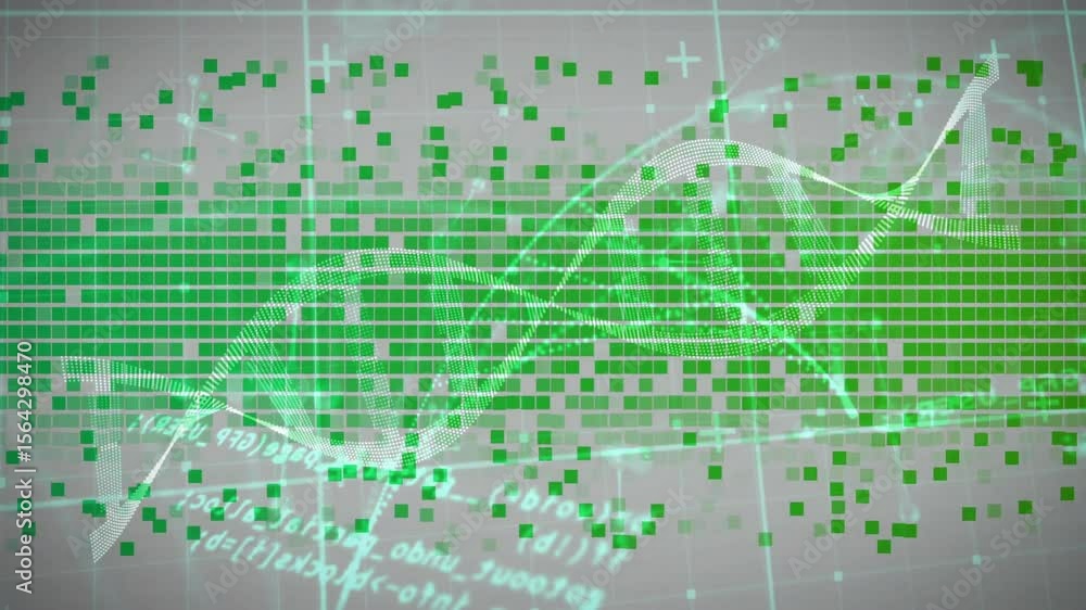 Poster green squares shifting around bar causing white wireframe wave weaving amid code showing data flow