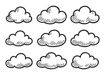 Hand Drawn Cloud Icon Set in Cartoon Doodle Style for Weather Design