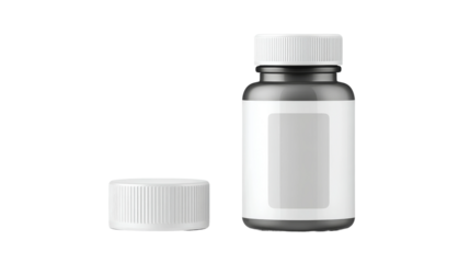 Dark gray medicine bottle with white label and the cap open.