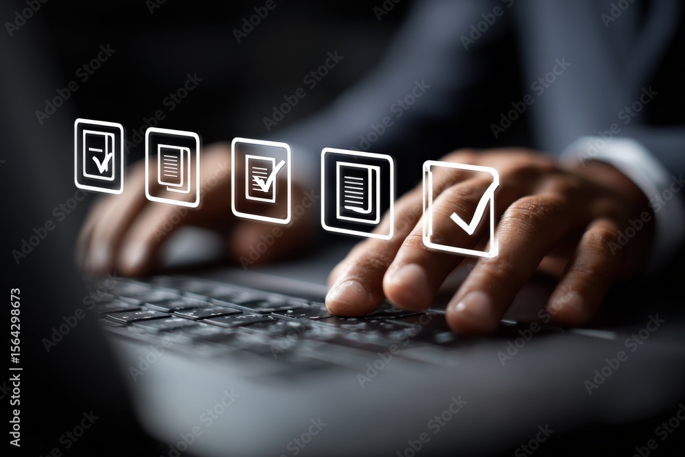Poster Professional businessman using touch screen interface with digital icons and checkboxes on a laptop computer for task management and digital workflow