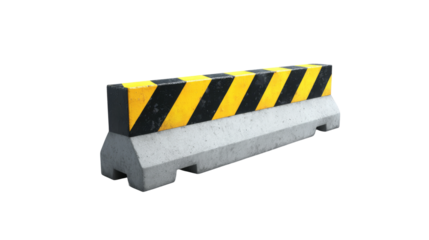 Concrete barrier with black and yellow stripes isolated on a transparent background.