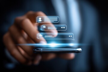 Innovative futuristic digital interface design showcasing a person's hand interacting with holographic social media and messaging icons on smartphone screen