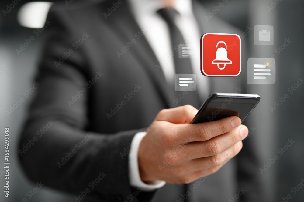 Poster businessman in formal suit holding smartphone with digital security alert notifications and icons fl