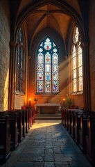 Fototapeta premium Candlelight Illuminates Tranquil Church Interior Soft Shadows on Ancient Stone Walls and Stained Glass, Peaceful Atmosphere of Faith and Devotion